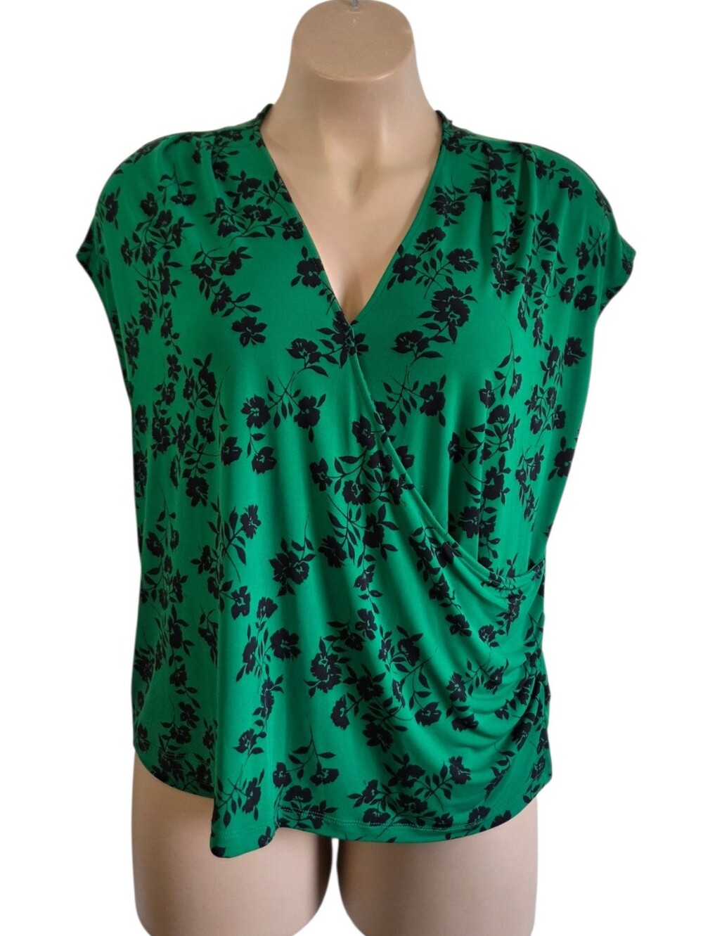 Liz Claiborne Green Black Floral Faux Wrap Rusched Short Sleeve Blouse Size XXL